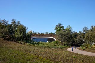 Apple Park Observatory in California, showing flowing, curved lines and a semi buried structure into a hill