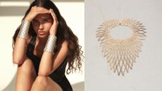 girl with lattice golden cuffs on and a golden lattice necklace 